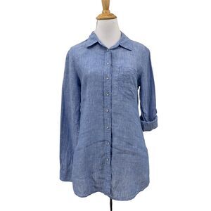 INC International Concepts Linen Top Womens 4 Blue Rhinestone Buttons Tab Sleeve
